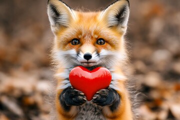 Ad campaign animal concept art. Fox - my preferred animal. Cute fox baby with diamond red heart on in a natural habitat. Heartwarming nature love story. Cute lovebirds in the wild.
