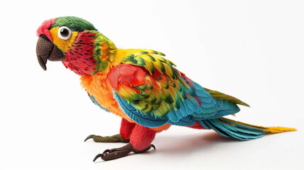 Fototapeta premium Vibrant colorful parrot plush toy with a curved beak, perfect for children's gifts and tropical animal themes.