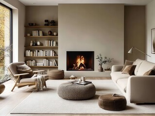 Modern Beige Living Room with Fireplace