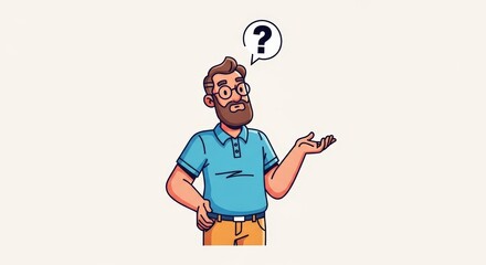 Confused Man Illustration Cartoon Character with Question Mark, Seeking Answers, Problem Solving, Decision Making, Uncertain Future