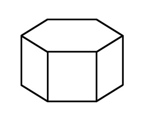 Hexagonal prism. Geometric figure. Black outline. Simple isometric hexagon block isolated on white background for educational design, math concept, or technical illustration