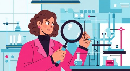 Female Scientist Conducting Research in a Modern Laboratory Examining Samples with a Magnifying Glass