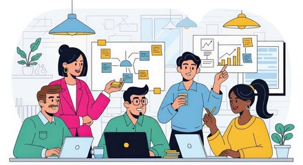 Collaborative Teamwork Diverse Team Brainstorming and Innovative Problem-Solving in a Modern Office Setting