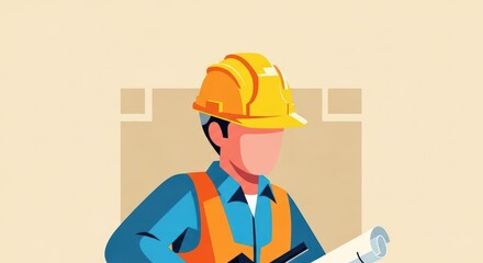 Construction Worker Reviewing Blueprint Detailed Illustration of a Construction Professional Examining Architectural Plans