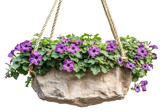 how me an old hanging flower pot with purple petunias inside. The bottom of the planter is made from smooth gray concrete,