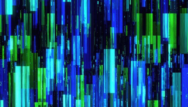 Bar code fragments floating and shifting inside layered matrix-style digital space