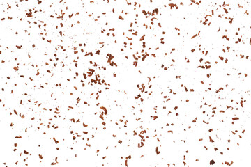 Pile grated, chopped, dark chocolate flying, isolated on white, top view	