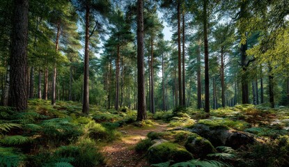 Serene forest with tall trees and lush greenery.