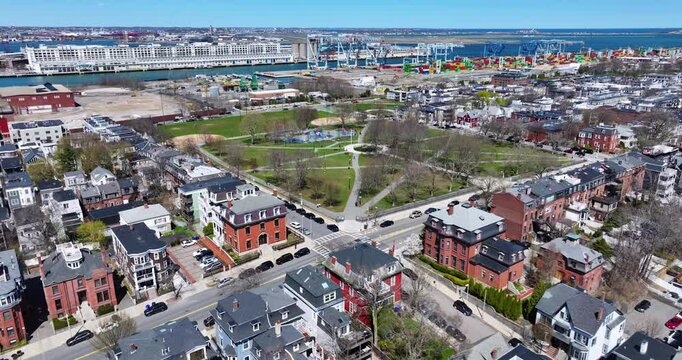 Drone Aerial View of Medal of Honor Park in South Boston on a Clear Day