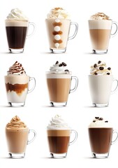 Obraz premium Nine glass cups of coffee drinks with whipped cream