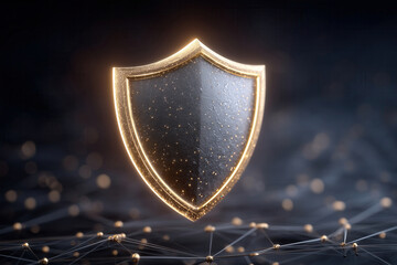 Glowing shield icon reveals security within connected network of dots and lines. Dark background creates emphasis on digital protection. Concept for cybersecurity, technology, information security