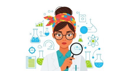 Female Scientist with Magnifying Glass Exploring the World of Science and Discovery