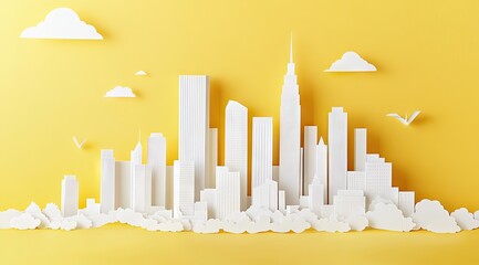 White city skyline, paper cut style, yellow background