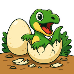 Cute cartoon baby dinosaur hatching from egg, colorful prehistoric illustration for children’s books, games or learning materials 