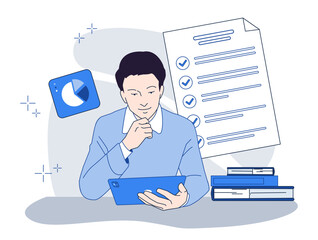 Man holding tablet while reviewing charts and checklist, minimal flat style, white background. Concept of productivity, planning, and data analysis. Vector illustration