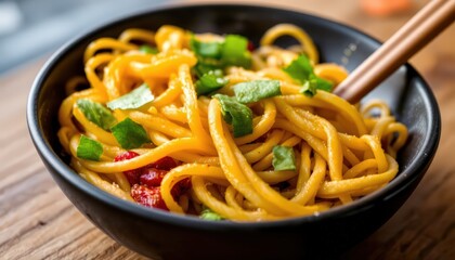 a bowl of spaghetti with sauce, garnished with parsley, sits on a table, ready to be served.