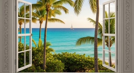 Ocean View from a Window Tropical Beach Scene with Palm Trees and Sailboat
