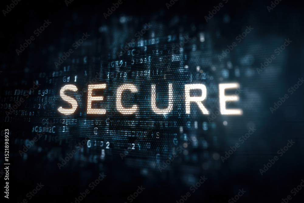 Poster encryption concept shows the word secure highlighted among rows of random numbers and letters. dark 