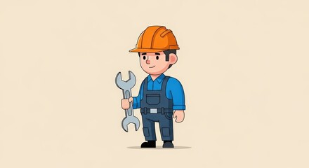 Cartoon Illustration of a Friendly Mechanic Holding a Wrench  Perfect for Repair, Maintenance, and DIY Projects