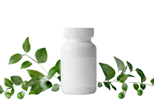 White supplement bottle mockup with a white label and green leaves on the sides, flat lay photography, minimalistic 