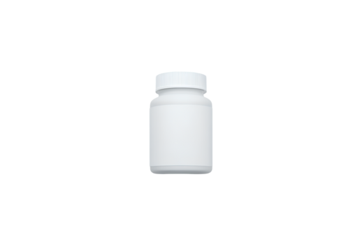 White supplement bottle mockup with a white label and green leaves on the sides, flat lay photography, minimalistic