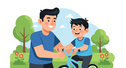 Father and Son Bonding Moment Learning to Ride a Bike in a Park Illustration