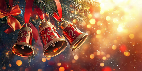 Festive Bells Hanging in a Colorful Background, ai generated.