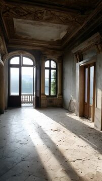 Spacious hall with arched windows and ornate plasterwork in a distressed building with sunlight streaking across a marble floor