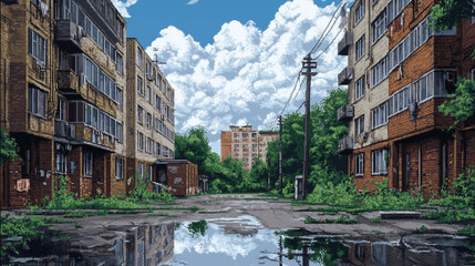 8-bit pixel art game background of a quiet Soviet-era residential area with puddles, overcast sky and greenery