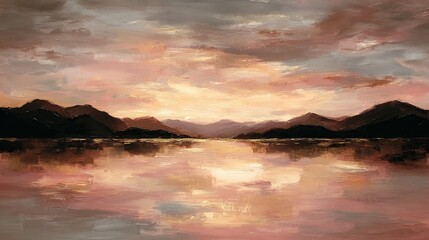 Serene sunset lake landscape with calm reflective water and warm sky tones in an impressionistic oil painting style, ideal for relaxation, mindfulness, and art therapy usage.

