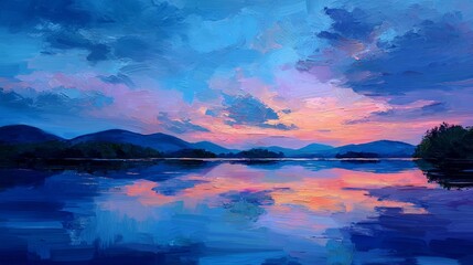 Serene sunset lake landscape with calm reflective water and warm sky tones in an impressionistic oil painting style, ideal for relaxation, mindfulness, and art therapy usage.

