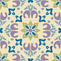 Fototapeta premium Vector seamless pattern in ethnic folk style. Abstract floral geometric ornament with indian, mughal, oriental, indonesian, asian, mexican motifs. Colorful background texture. Traditional geo design