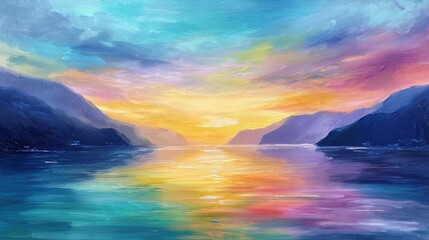 Serene sunset lake landscape with calm reflective water and warm sky tones in an impressionistic oil painting style, ideal for relaxation, mindfulness, and art therapy usage.

