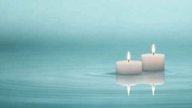 Serene Candles: Two lit candles float tranquilly on a serene, rippling water surface, creating a moment of peace and calm, with reflections dancing on the water.