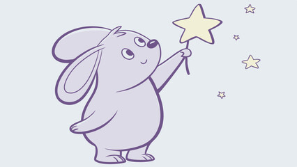Adorable Cartoon Bunny Reaching for a Glowing Star with Magical Wand