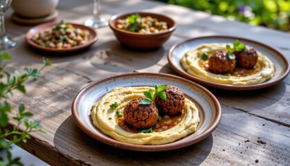 a wooden dining table adorned with dishes of food