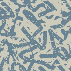Graffiti pattern. Vector abstract seamless texture with paint splashes, chaotic shapes, strokes, lines, dots. Blue and grey ink spray grunge background. Urban art. Modern painting. Repeating design