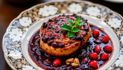 a delectable food dish served on an elegantly designed plate, which is placed on a dining table