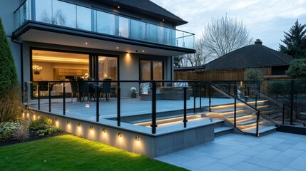 Fototapeta premium Modern house with a beautiful outdoor deck and lighting