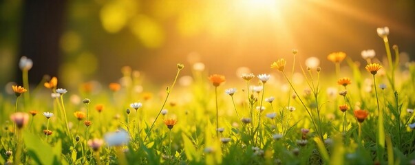 Sun-drenched meadow bathed in golden light, wildflowers swaying gently in the breeze A vibrant, cheerful scene perfect for nature, summer, and spring themes , meadow, sunny, sun