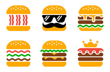 Creative Burger Icons Featuring Bacon, Mustaches, Cheese, and a Royal Crown