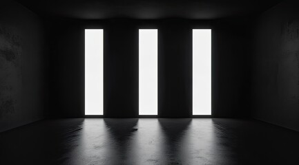 Dark room with three illuminated vertical panels