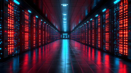 A symmetrical, receding perspective of server racks illuminated by red and blue lights in a dark corridor