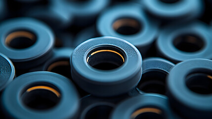 Precision engineering concept. A close-up of numerous high-quality rubber gaskets, an essential component in automotive and machinery for creating tight seals