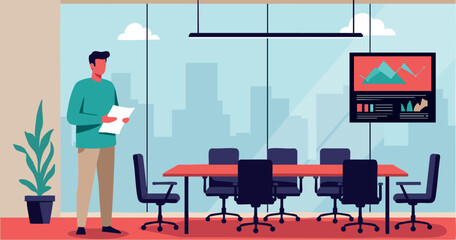 Man Standing in Modern Office Conference Room with Cityscape View Vector Illustration 