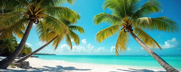 Lush green coconut palm trees sway gently in a vibrant Miami breeze, their fronds casting shadows on a sunny beach Perfect for travel, vacation, and tropical themes , shoreline, coastal, getaway