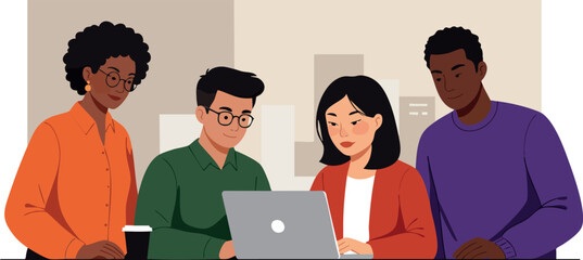 Diverse group of people collaborating on laptop in casual office environment vector illustration 