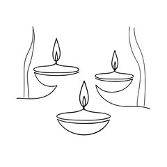 Three simple one-line drawing diya lamps festive lights