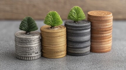 Close-up of coins with thriving plants, depicting the concept of financial flourishing and long-term investment - success interest coins accumulation