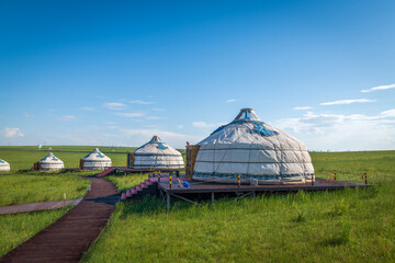 The Mongolian yurts on the Horonor Grassland in Hulunbuir City, Inner Mongolia Autonomous Region, China